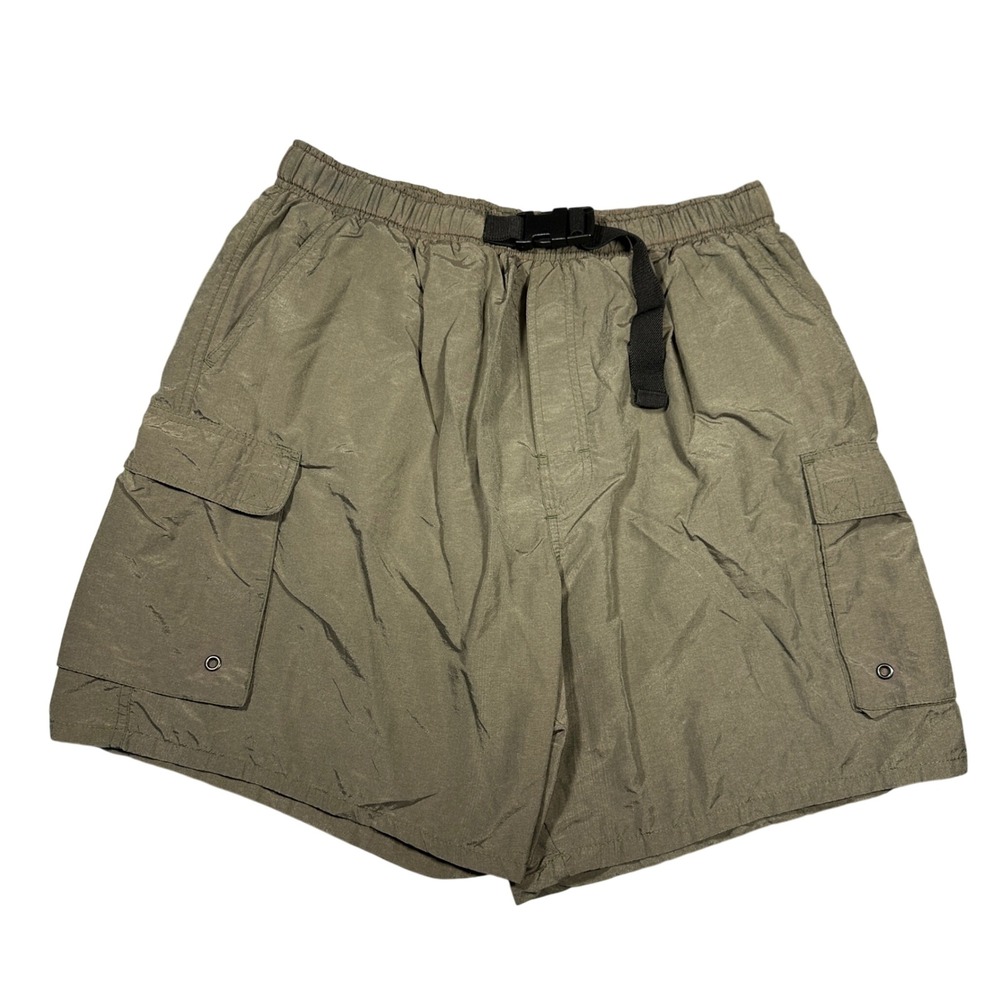 Y2K Catalina Mens Large Olive Green Nylon Cargo Swim Trunks Belted Shorts 491235